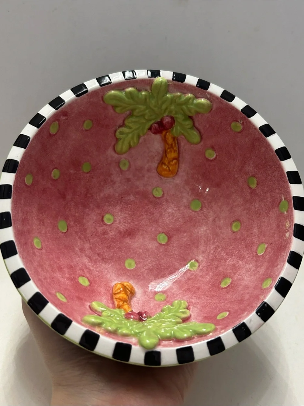 Hand Painted 3D Palm Tree Ceramic Bowl Checkered Rim Polka Dot Dish